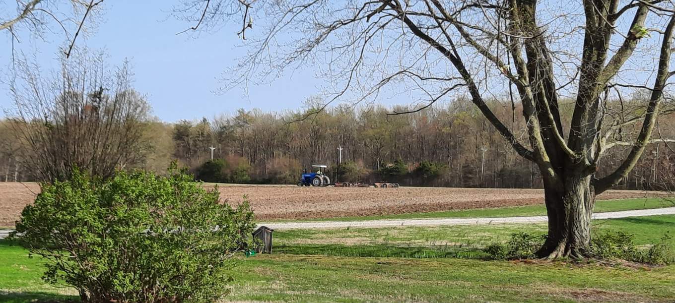 A tractor is in the middle of an empty field.